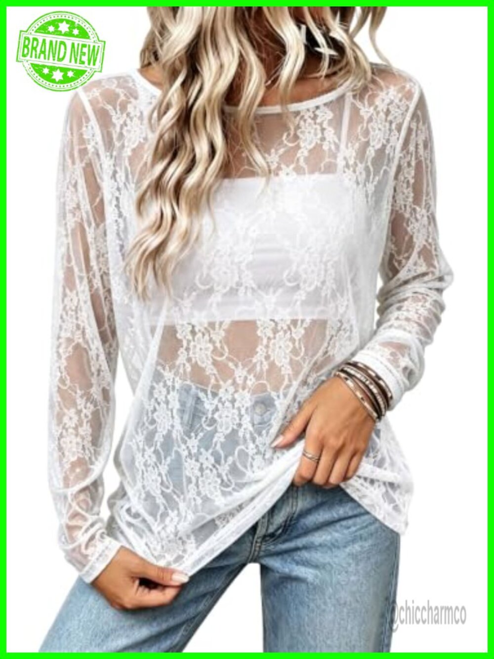 WIHOLL Mesh Lace Top Women Loose Fit Sheer Long Sleeve Layering Shirt - Picture 2 of 6
